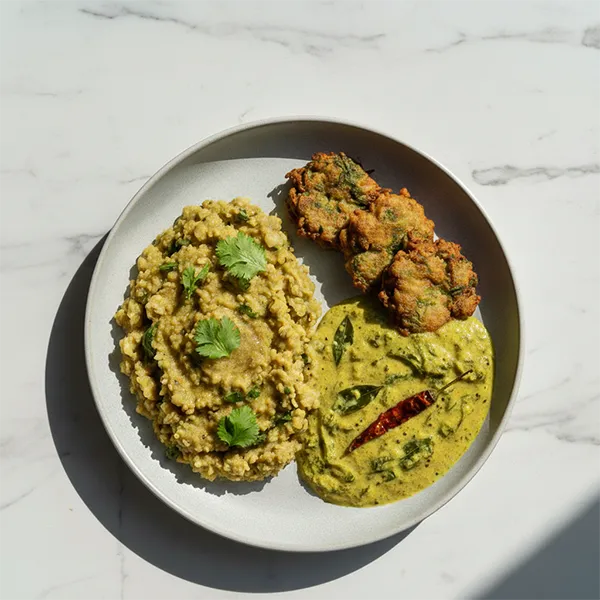 Hara Moong Khichadi With Palak Pakoda Kadhi